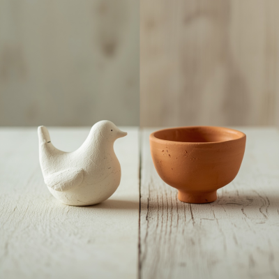 Boneco decorativo em forma de pato e vaso de terracota
