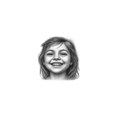 Desenho a preto e branco de uma criança sorridente com cabelo ondulado.
