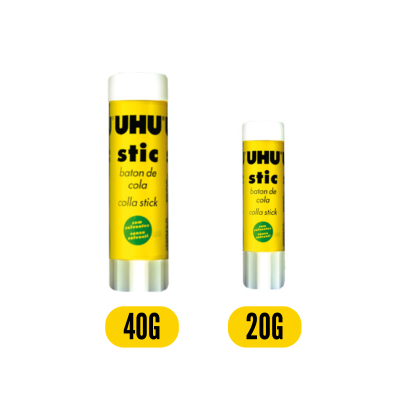 Dois bastões de cola em stick com rótulo amarelo e tampa branca, um maior e outro menor, com texto UHU stic baton de cola colla stick.