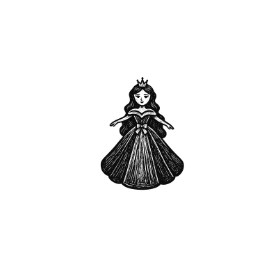 Desenho preto e branco de uma princesa com vestido longo e coroa