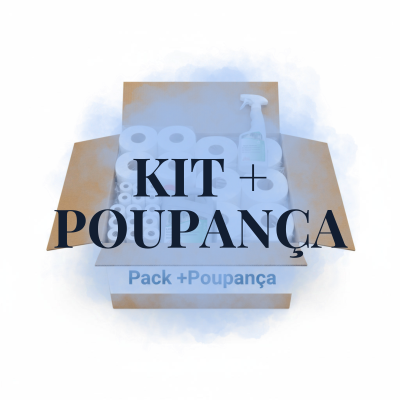 Caixa de cartão aberta com rolos de papel branco e frasco pulverizador, texto KIT + POUPANÇA