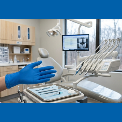 Consultório dentário com instrumentos e cadeira cinza e luva azul