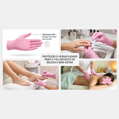 Luvas de proteção rosa em diferentes contextos de beleza e bem-estar