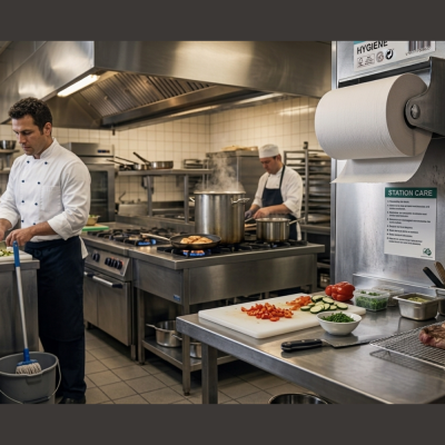 Cozinha profissional com chefs, legumes frescos e equipamento em aço inox