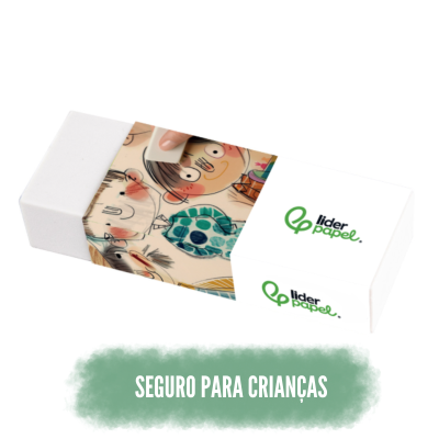borracha branca com embalagem decorada e texto seguro para crianças