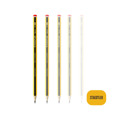 Lápis Staedtler Noris HB amarelos e pretos com borracha vermelha em sequência desvanecendo-se sobre fundo branco com logotipo amarelo STAEDTLER