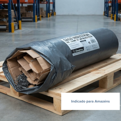 Saco industrial cinzento de plástico com etiqueta branca numa palete de madeira em armazém