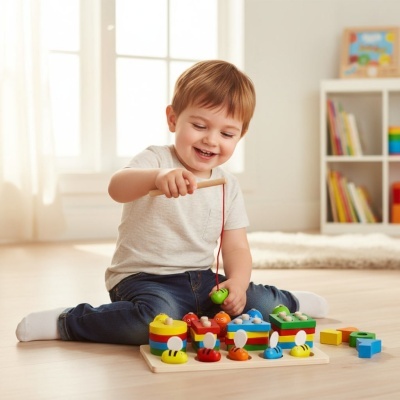 Criança a brincar com brinquedo de madeira colorido