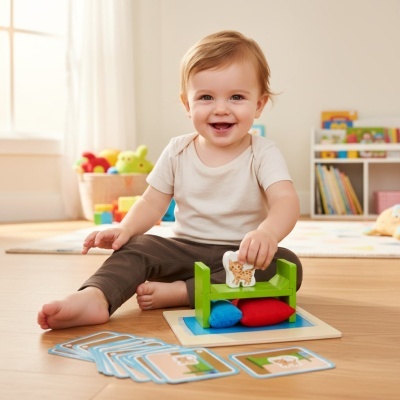Criança feliz brincando com brinquedo de madeira e cartas ilustradas no chão de madeira clara