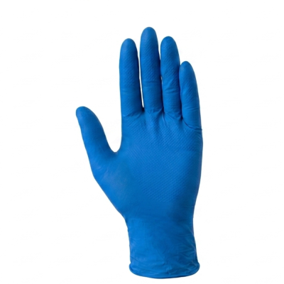 Luva nitrílica azul descartável com textura antiderrapante