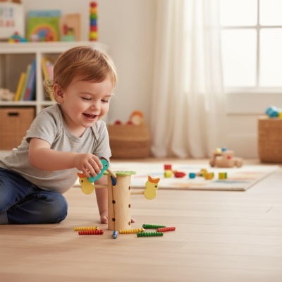 Criança a brincar com brinquedo de madeira colorido no chão