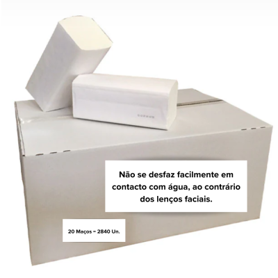 Pacotes brancos de lenços de papel em cima de caixa branca com texto informativo