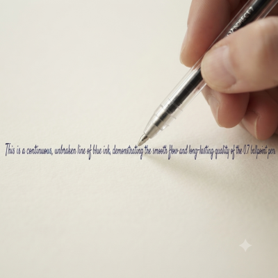 Caneta esferográfica com corpo transparente e tinta azul escrevendo em papel branco