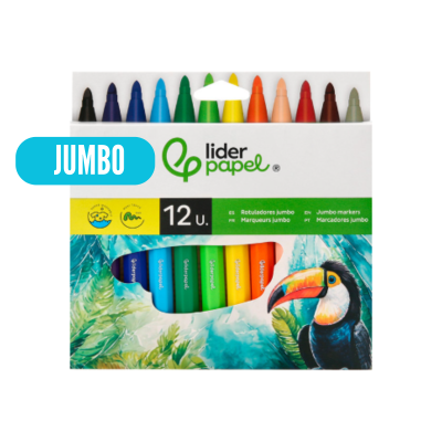 Conjunto de 12 marcadores jumbo em várias cores num estojo com imagem de pássaro