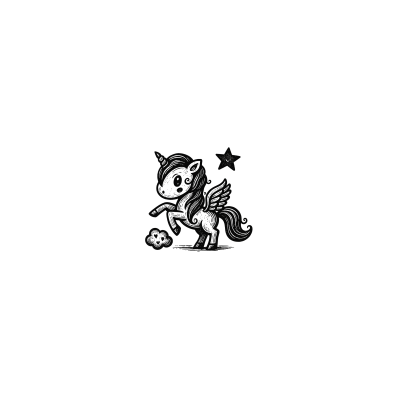 Desenho a preto e branco de um unicórnio com asas e estrelas