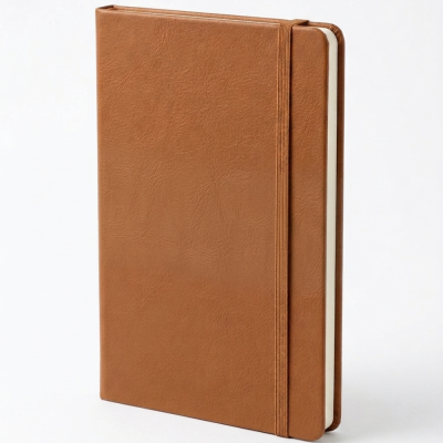 Caderno castanho com capa dura e fecho elástico
