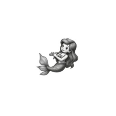 Desenho a preto e branco de uma sereia com cauda de peixe e cabelo comprido