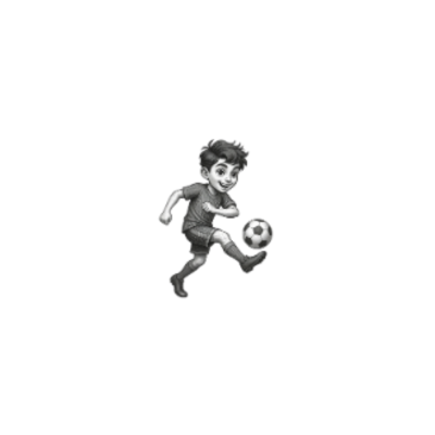 Ilustração a preto e branco de menino a jogar futebol com bola