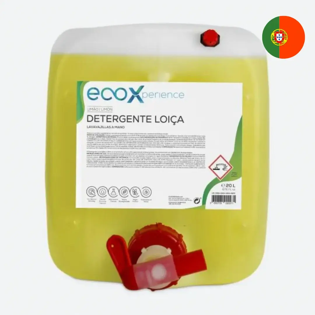 Detergente para Loiça Manual Limão a Granel - Ecox Recipiente plástico amarelo com detergente líquido e rótulo branco DETERGENTE LOIÇA