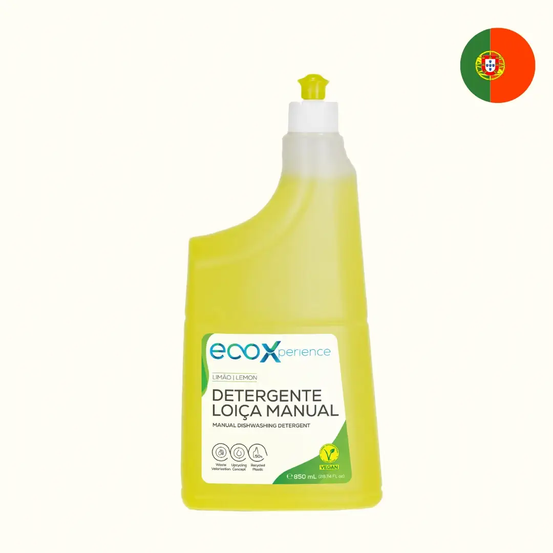 Detergente para a Loiça Manual Limão 0,85L - Ecox Frasco amarelo de detergente para loiça manual Ecxxperience com tampa branca e amarela