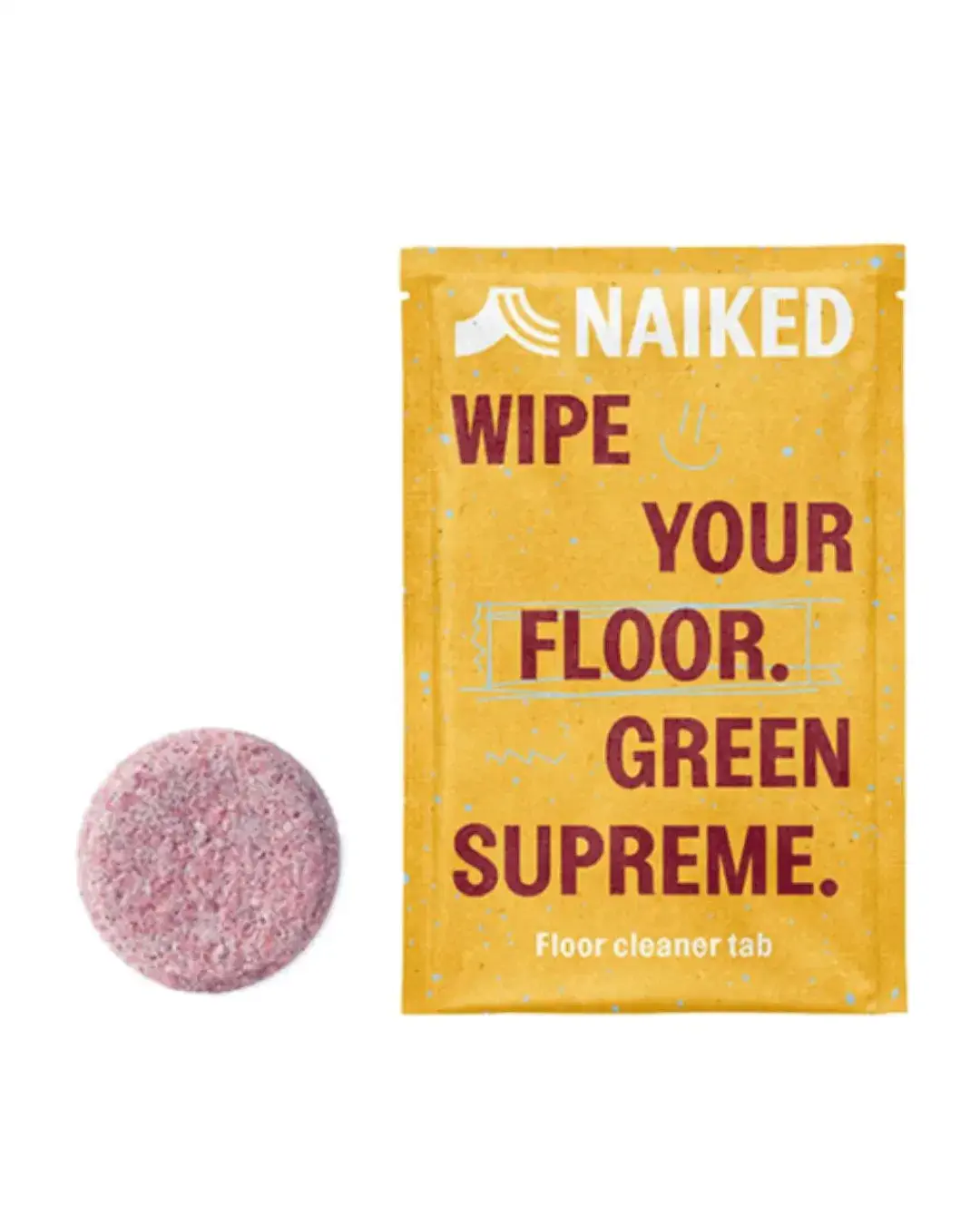 Pastilha de Limpeza de Chão Naiked Pastilha rosa e embalagem amarela de produto limpeza chão NAIKED