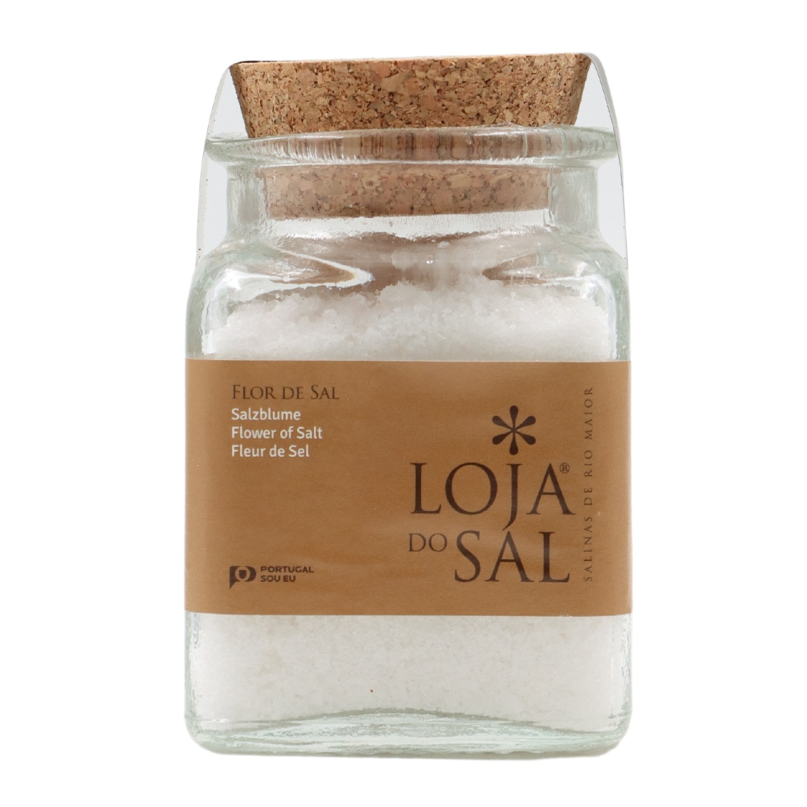 Flor de Sal (Salinas de Rio Maior) 225g Frasco de vidro com flor de sal e tampa de cortiça