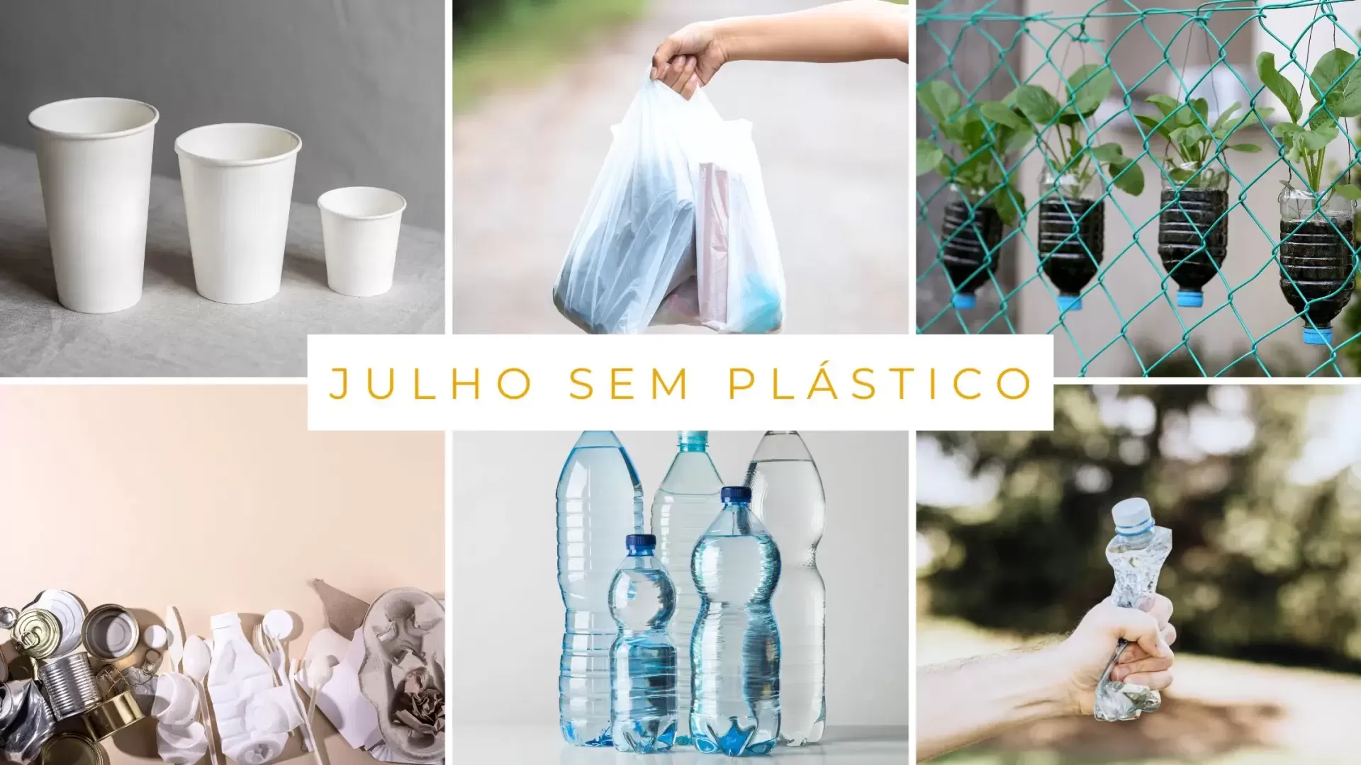 Colagem de imagens relacionadas a redução de uso de plástico com texto JULHO SEM PLÁSTICO central