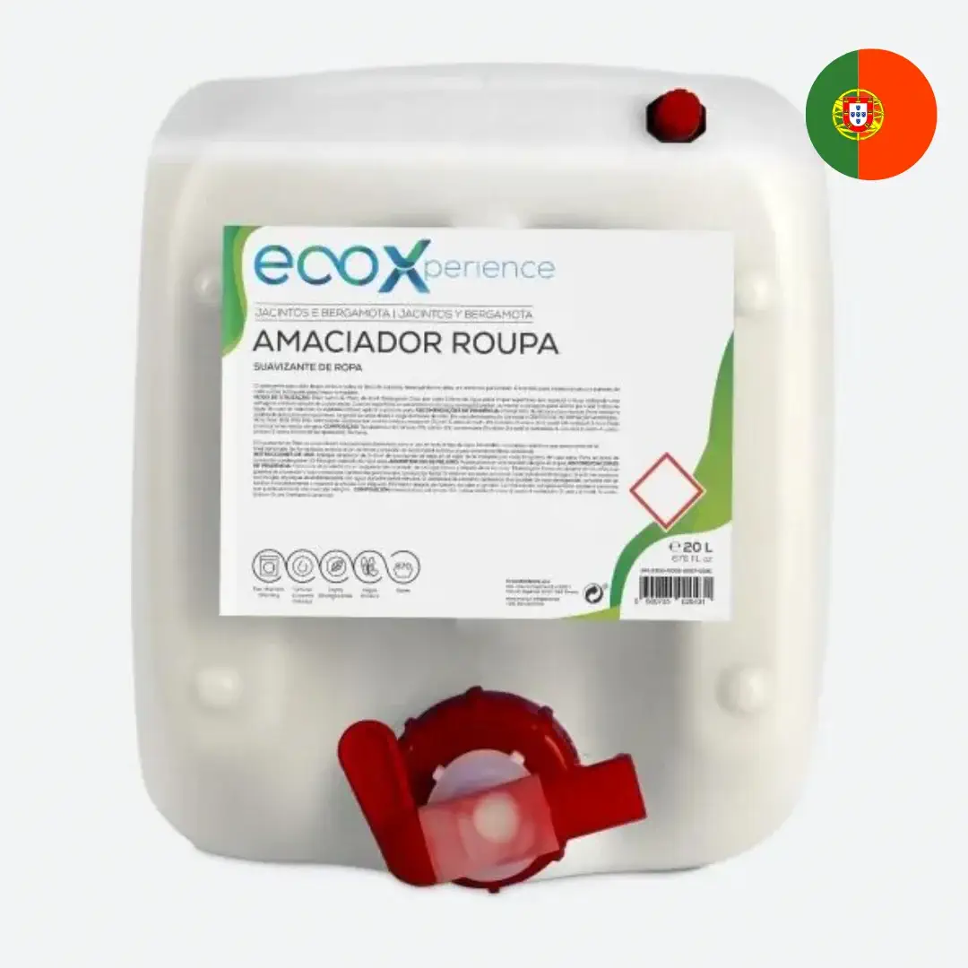Amaciador Ecológico para a Roupa Jacintos & Bergamota a Granel - Ecox Recipiente plástico branco 20L de amaciador de roupa ecoxperience com tampa e bico vermelho.