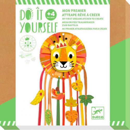 Jogo de Criar um Apanha Sonhos (Pequeno Leão) - Djeco Arts & Crafts Kit para criar filtro dos sonhos com cabeça de leão e fitas coloridas