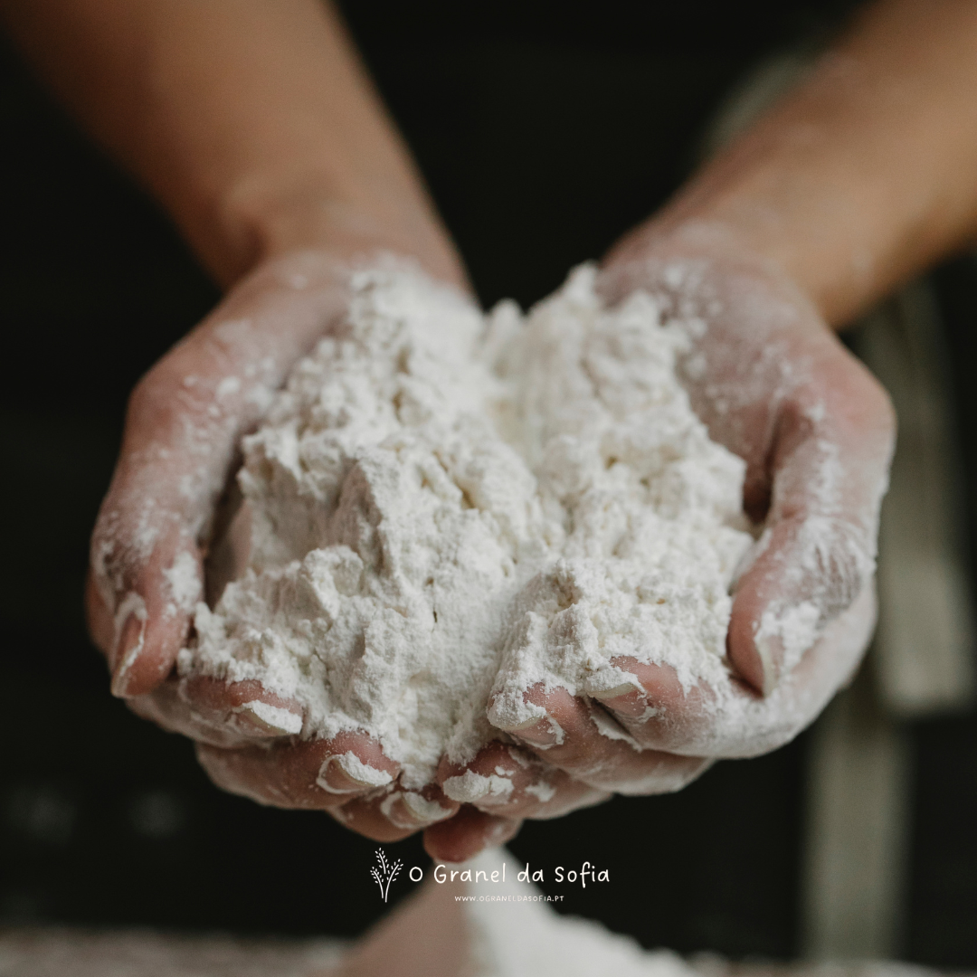 Mãos segurando farinha branca