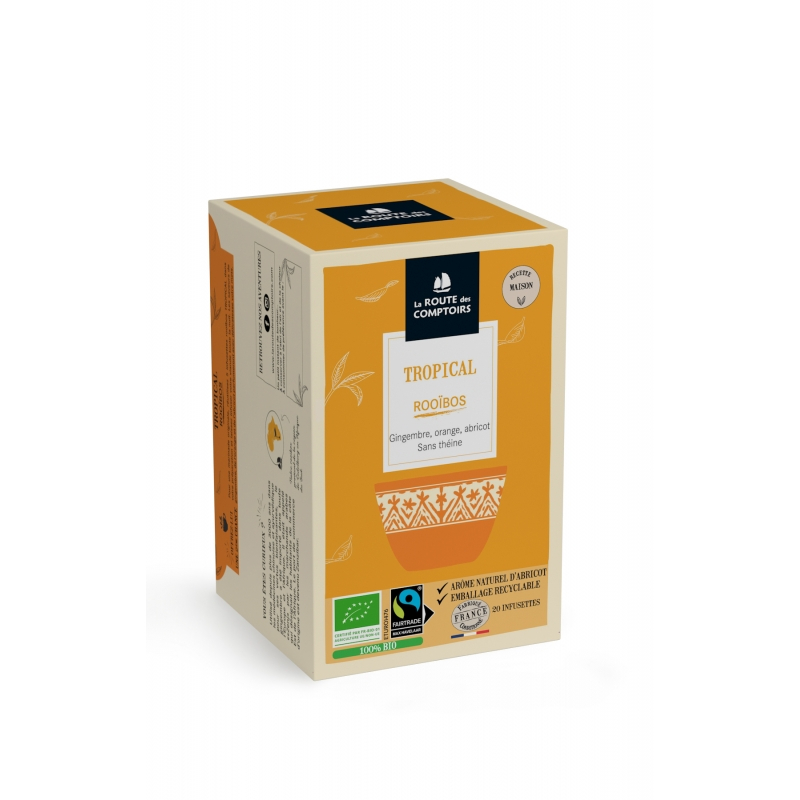 Infusão Rooibos Tropical (gengibre, aroma natural de alperce e laranja) Biológica - La Route des Comptoirs Caixa de chá LA ROUTE DES COMPTOIRS Rooibos Tropical laranja e creme com selos ecológicos