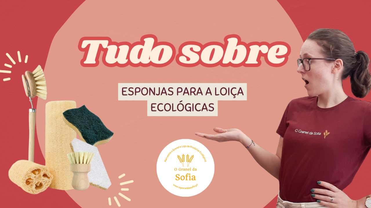 Imagem promocional sobre esponjas ecológicas para a loiça com mulher de camisola bordô e várias esponjas