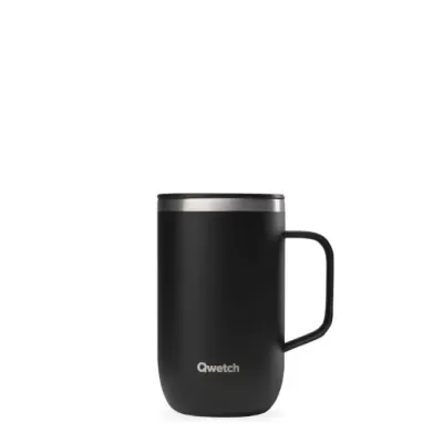 Caneca térmica preta Qwetch com tampa prateada e punho lateral
