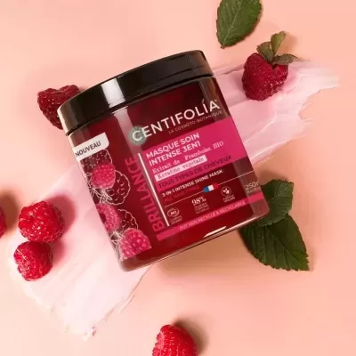Máscara de cuidado intenso Centifolia 3 em 1 para cabelo com extrato de framboesa em embalagem vermelha