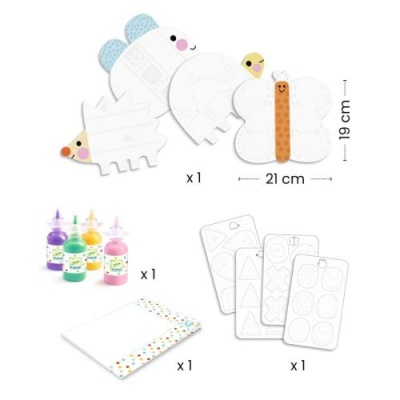 Kit de pintura com formas de animais em papel branco, tinta colorida e moldes