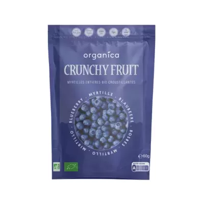 Embalagem azul de frutos vermelhos orgânicos marca Organica Crunchy Fruit