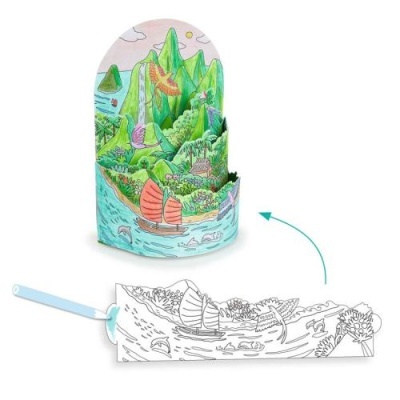 Brinquedo em papel com paisagem colorida para colorir e montar em 3D, da Djeco.