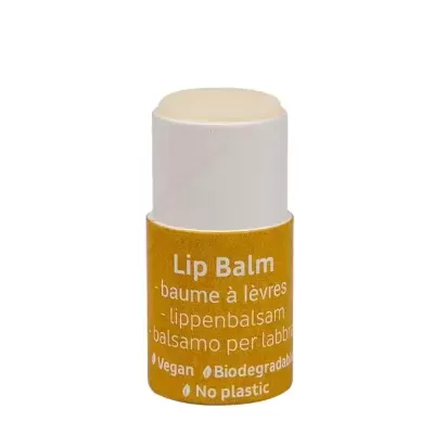Bálsamo labial vegan biodegradável sem plástico com rótulo amarelo e tampa branca