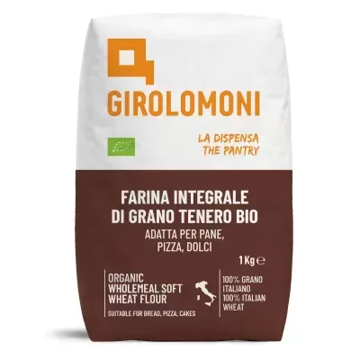 Embalagem de farinha integral de trigo mole biológica GIROLOMONI, 1 Kg, cores branco e castanho