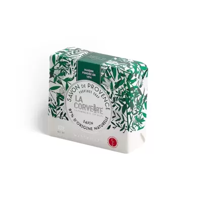 Sabonete em barra La Corvette com embalagem branca e folhas verdes