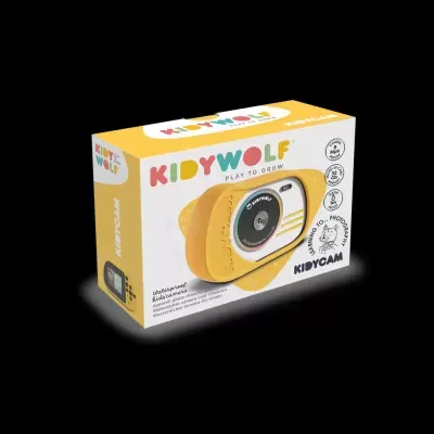 câmara digital infantil KIDYCAM KIDYWOLF amarela em caixa colorida