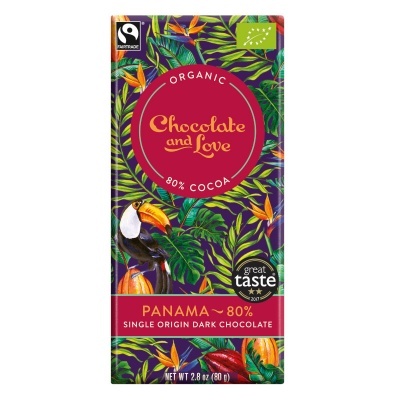 Barra de chocolate orgânico 80% cacau Panamá com padrão tropical e selo Fairtrade