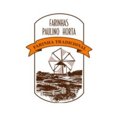 Etiqueta de farinha com moinho de vento e texto