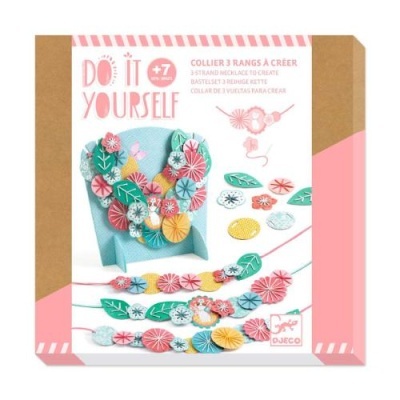 Kit para criar colar com 3 voltas, peças em tecido coloridas com flores e folhas