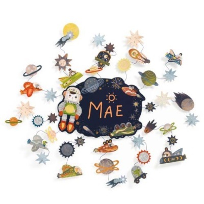 Autocolantes temáticos do espaço com a palavra MAE em destaque