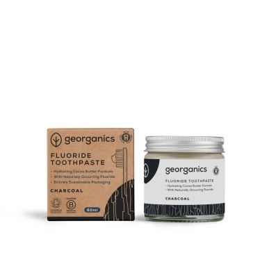 Pasta de dentes Georganics carvão com embalagem em vidro e caixa de cartão