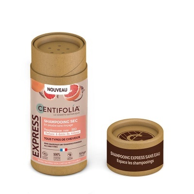 Frasco castanho de champô seco Centifolia com rótulo colorido e tampa castanha perfurada