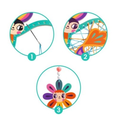 Quadro colorido com personagem e fios entrelaçados formando uma flor decorativa