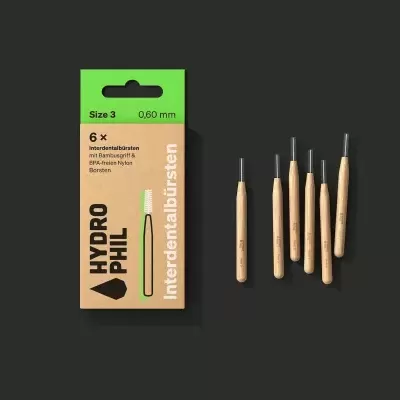 Conjunto de escovas interdentais Hydro PHIL com cabo de madeira e embalagem verde e castanha