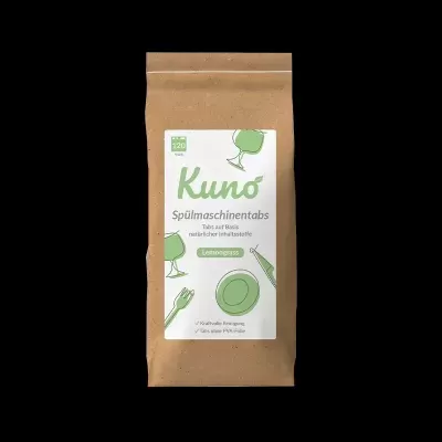 Embalagem Kuno Spülmaschinentabs aroma Lemongrass com ilustrações e texto verde em fundo branco
